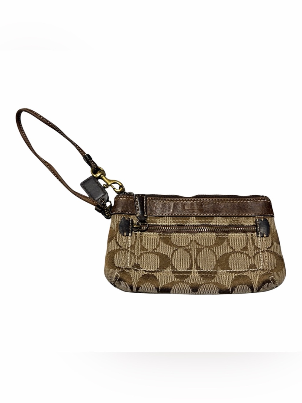 Coach Tan Brown Signature Canvas Wristlet with Leather Trim